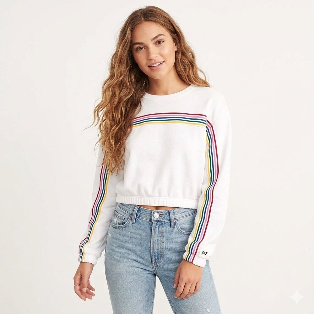 Abercrombie & Fitch Crop oversized Sweatshirt Womens XS White Rainbow Stripe